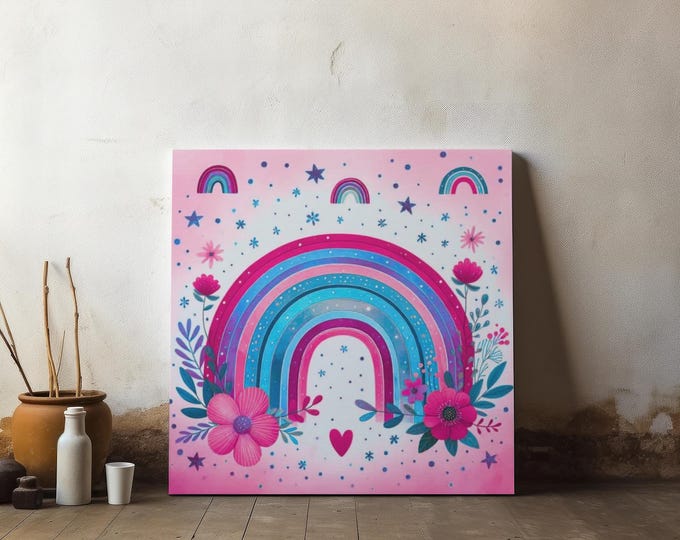 Watercolor Floral Rainbow Canvas Wall Art: Nursery & Playroom Decor