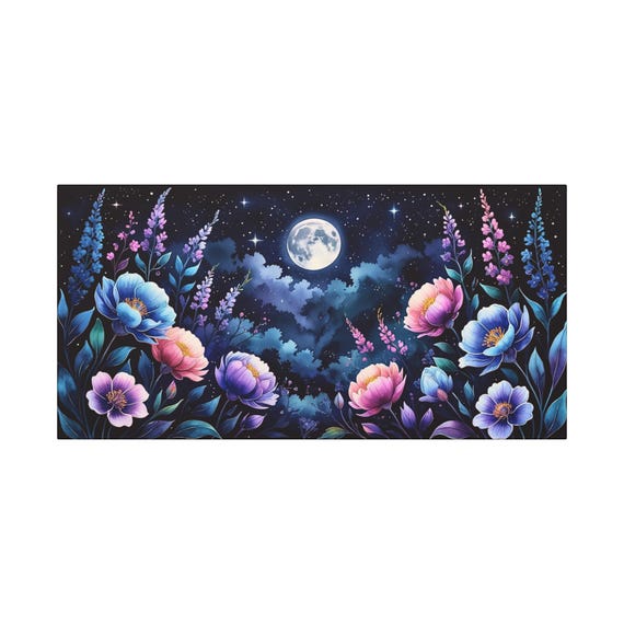 Moon Grown Floral Canvas Wall Art: Starry Twilight Home Decor (30x15)
