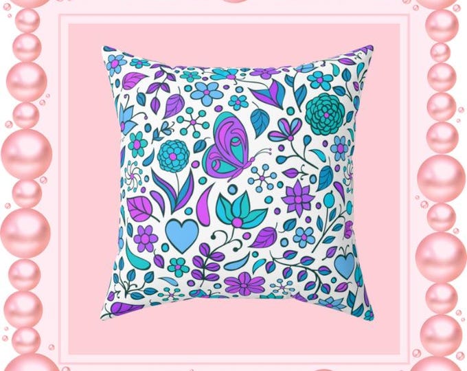 Whimsical Floral Doodle Pillow Spun Polyester Square Pillow | Purple Teal Heart Butterfly Pattern