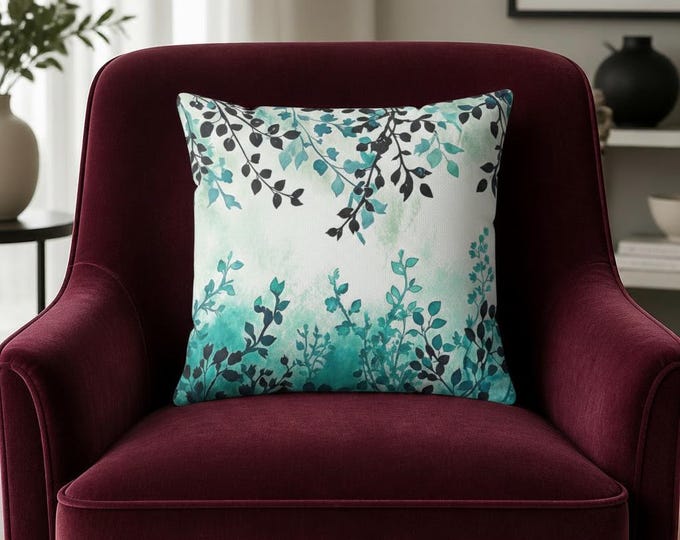 Teal Watercolor Vine Pillow | Square Throw Pillow