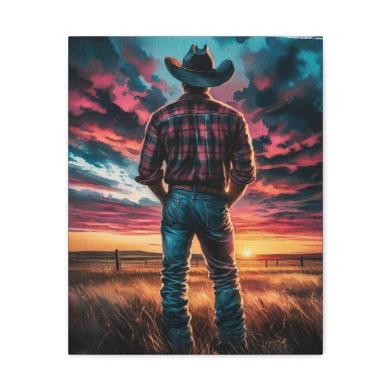 Western Ranch Sunset Canvas Art: Rustic Prairie Landscape (16x20)