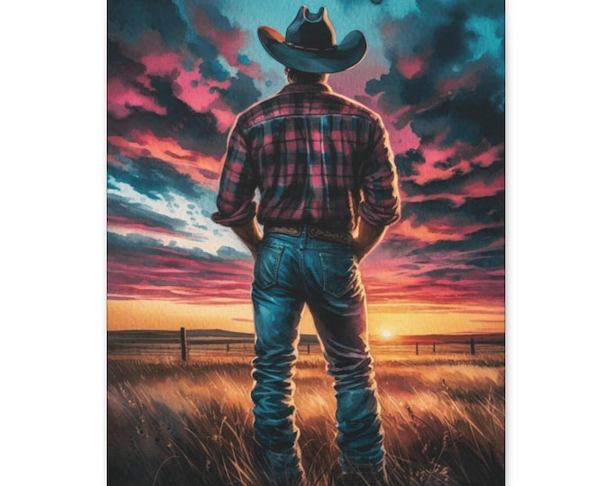 Western Ranch Sunset Canvas Art: Rustic Prairie Landscape (16x20)