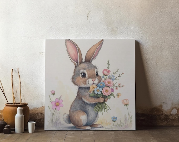 Bunny Wildflower Bouquet Canvas | Pastel Nursery Art (14x14