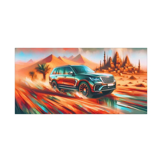 SUV Desert Scene Matte Canvas: Abstract Metallic Car Art (30x15)