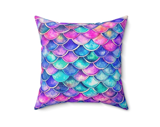 Mermaid Scale Pattern Spun Polyester Pillow | Purple Teal Pink Ocean Decor