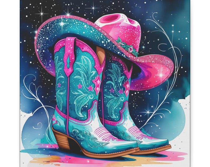 Rhinestone Cowgirl Boots Canvas Art, Western Home Decor (14x14)