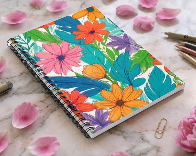 Floral Spiral Notebook | Hand-Painted Blooms, Ruled Journal, 6"x8"