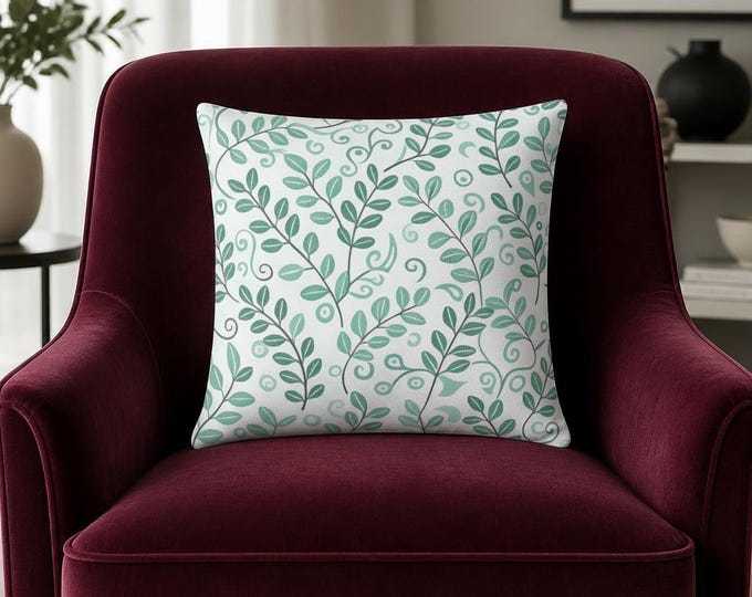 Teal Vine Pattern Pillow | Botanical Leaf Throw Pillow