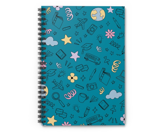 School Scribbles Spiral Bound Notebook | Ruled Lines | Stylish Doodle Icons Journal