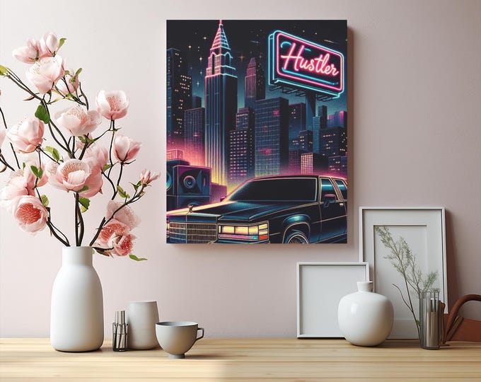 Metro City Hustler Canvas Art: Urban Neon, Retro Car Lover Gift