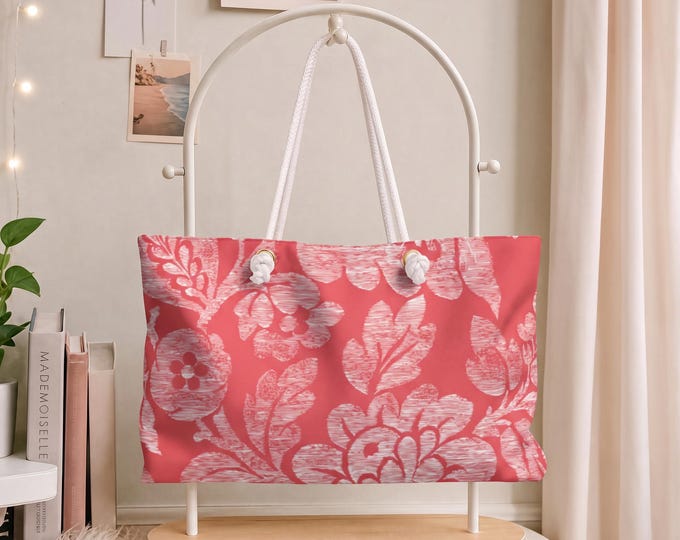 Coral Pink Chinoiserie Weekender Bag |  Vintage Floral Pattern Beach Tote