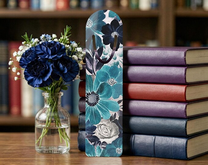 Teal Floral Monogram Bookmark, Initial C Metal Magnetic Bookmark