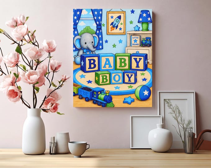 Elephant Blocks Matte Canvas Artwork | Boy Nursery/Toddler Wall Decor