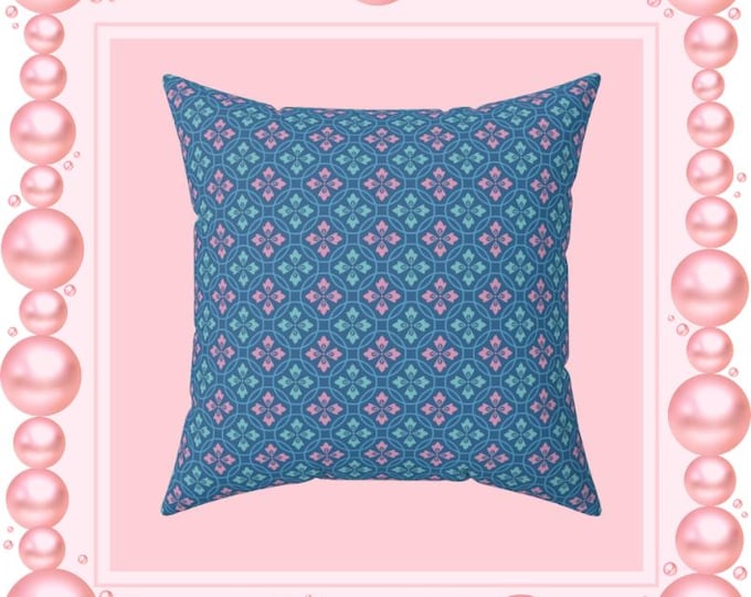 Blue Pink Geometric Tile Pattern Pillow | Square Throw Pillow
