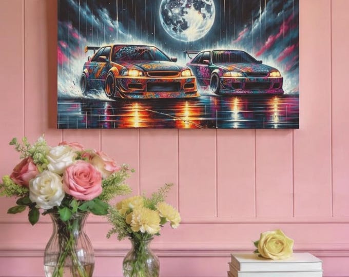 Vibrant Car Art Canvas: Retro Racing Wall Decor (30x15)