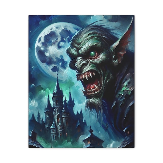 Gargoyle Canvas Wall Art: Gothic Horror Artwork, Halloween Decor (16x20)