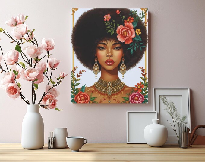 Empowering Ebony Essence Canvas Art: Floral Black History Wall Decor (16x20)