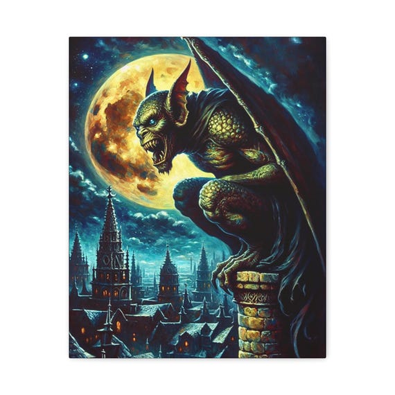 Gothic Gargoyle Canvas Art: The One Who Watches, Fantasy Halloween Decor (16x20)