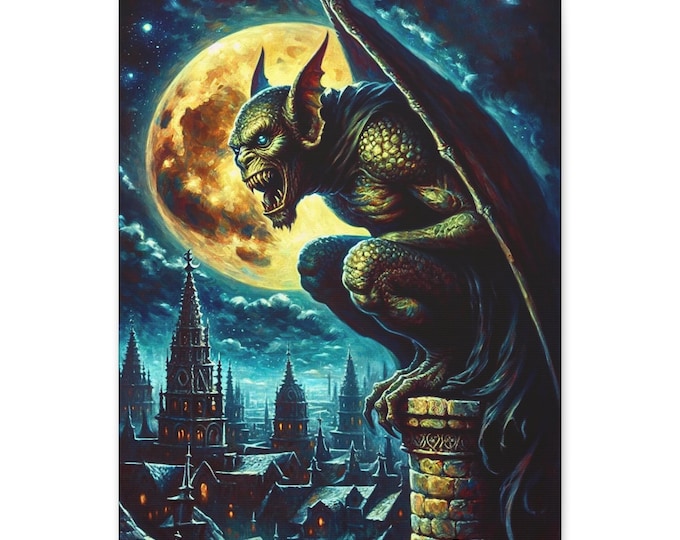 Gothic Gargoyle Canvas Art: The One Who Watches, Fantasy Halloween Decor (16x20)
