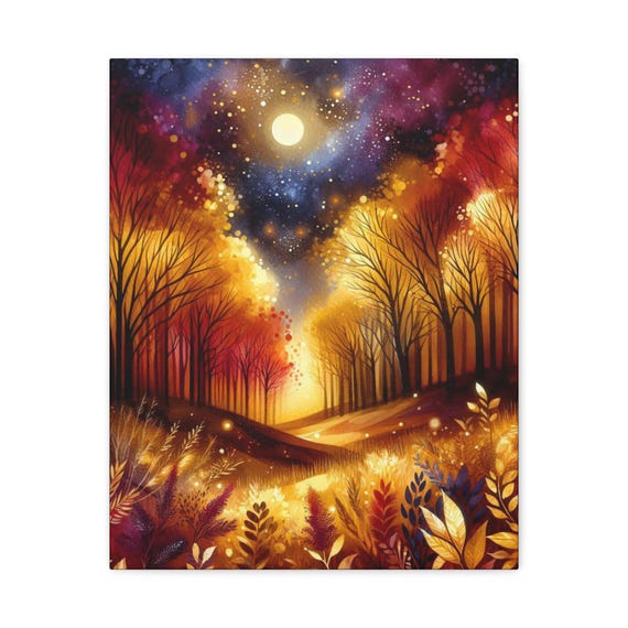 Golden Amber Forest Canvas Art: Nature Wall Decor, Night Sky (16x20)