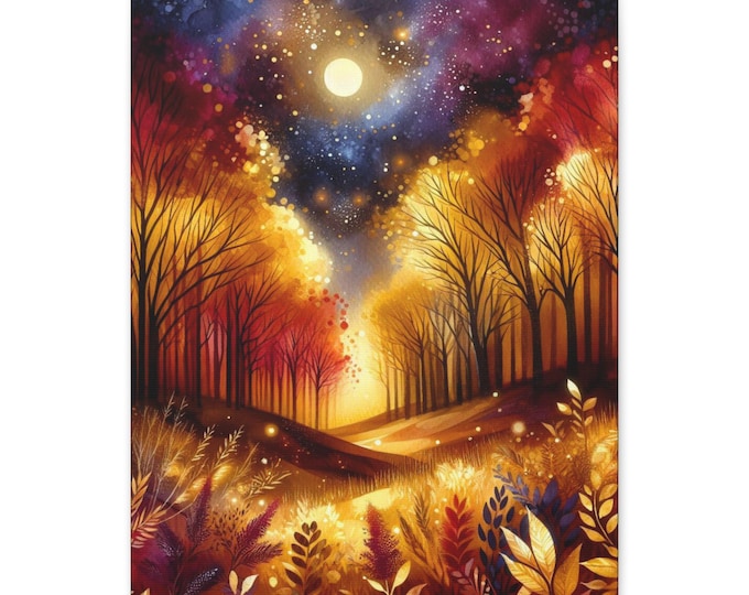 Golden Amber Forest Canvas Art: Nature Wall Decor, Night Sky (16x20)