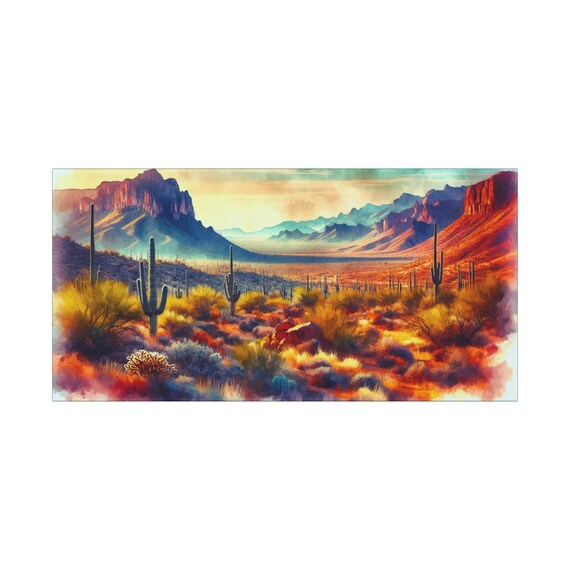 Desert Mountain Canvas Wall Art: Saguaro Cactus Landscape