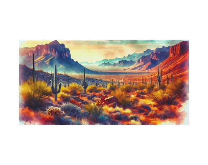 Desert Mountain Canvas Wall Art: Saguaro Cactus Landscape