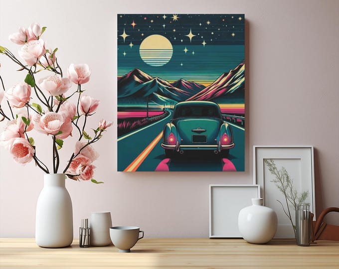Vintage Car Canvas Wall Art: Retro Landscape, Pool Hall Decor (16x20 Canvas Only)
