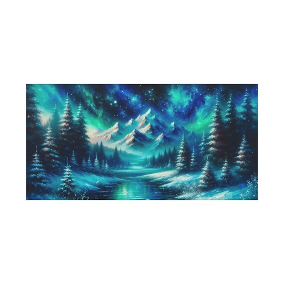 Aurora Sky Mountainscape Matte Canvas Wall Art (30x15)