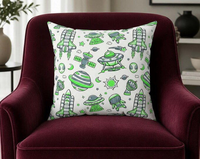 Green Alien Space Pattern Pillow | Rocket UFO Planets Square Pillow
