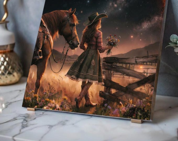 Acrylic Wall Art: Cowgirl, Horse, Dusk Ranch Scene (20x16)