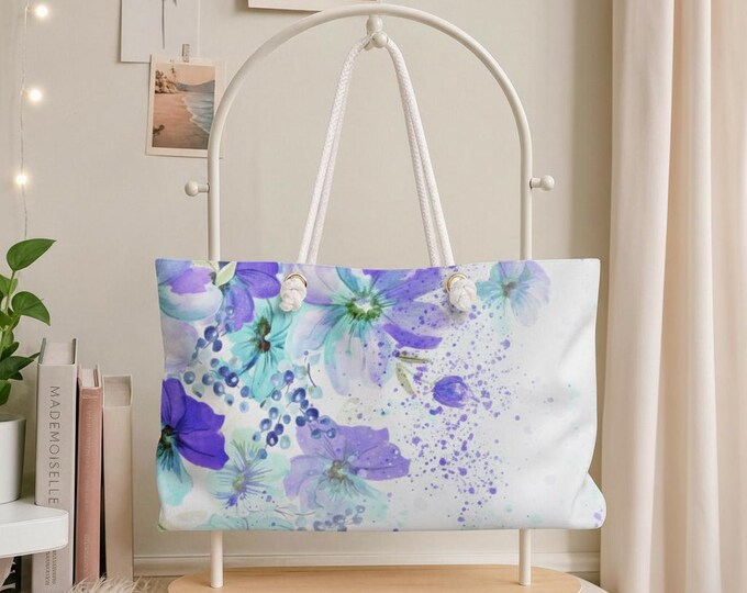 Coastal Botanica Weekender Bag | Purple Blue Watercolor Floral Travel Tote