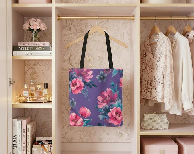 Floral Print Tote Bag: Stylish Reusable Shopping Bag with Black Handles