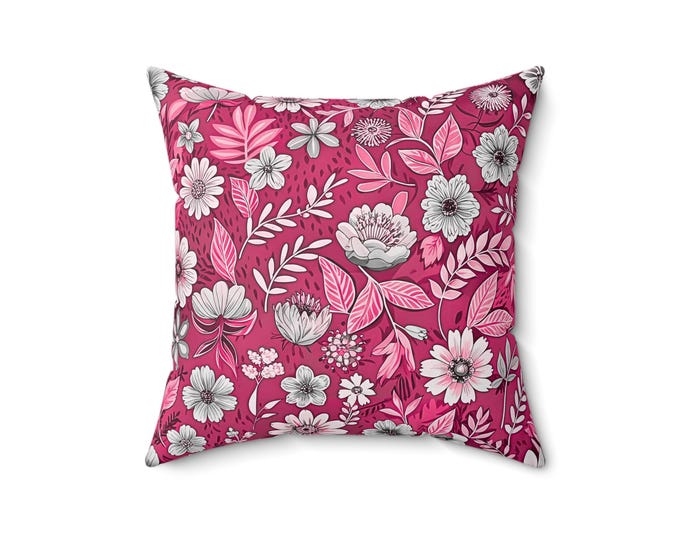 Pink Floral Pattern Square Pillow | Botanical Throw Pillow