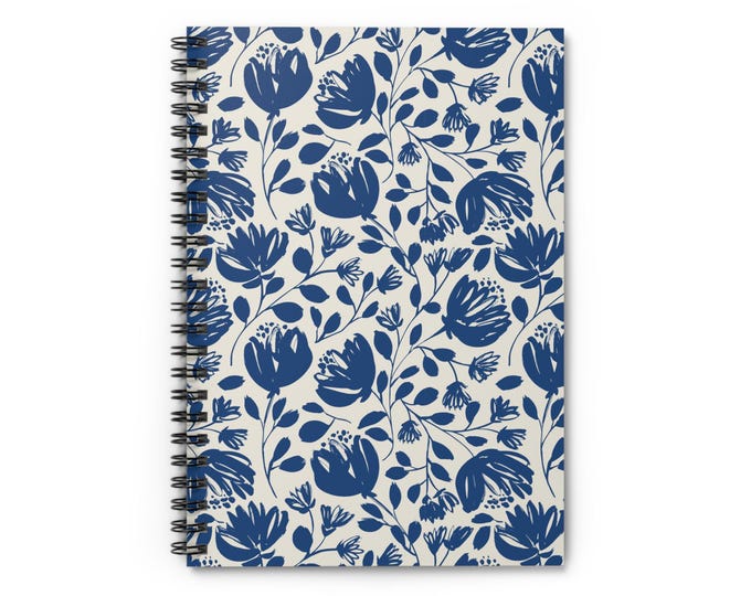 Blue Floral Pattern Spiral Notebook | Ruled Lines Diary
