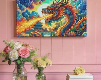 Fire Breathing Dragon Canvas Art: Asian Temple Ablaze - Modern Fantasy Decor (30x15)