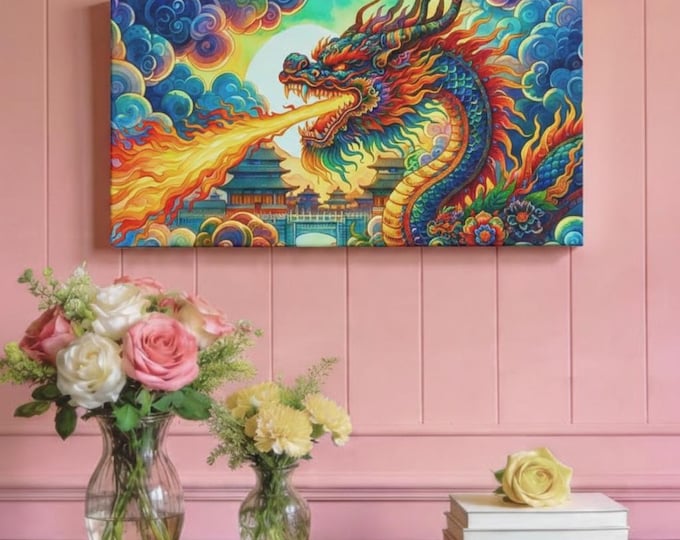 Fire Breathing Dragon Canvas Art: Asian Temple Ablaze - Modern Fantasy Decor (30x15)