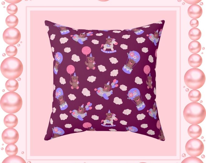 Bear Balloon Cloud Pillow | Whimsical Nursery Throw Cushion (16x16)