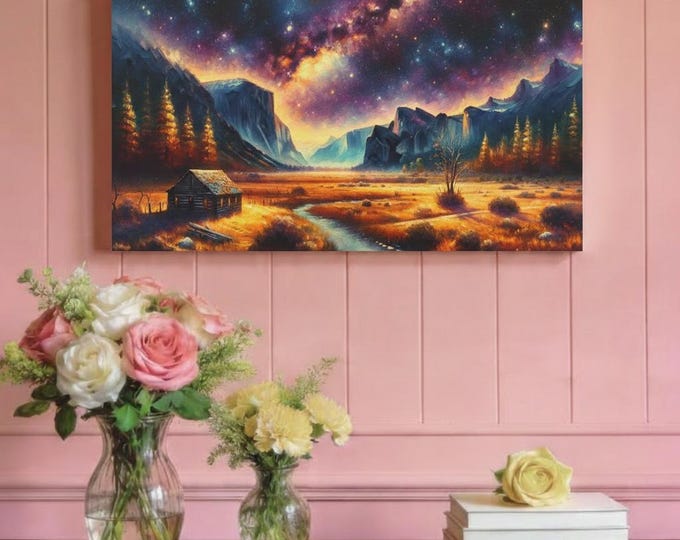 Cosmic Landscape Canvas Art: Embers in the Void, Starry Night Decor (30x15)