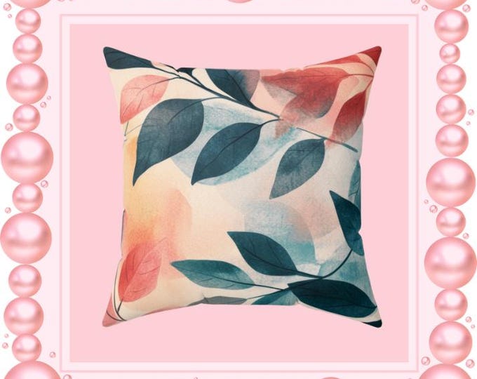 Watercolor Leaf Pattern Pillow | Botanical Throw Pillow, Square Polyester Cushion