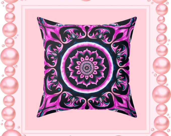 Fuchsia Flame Mandala Pillow: Boho Home Decor Accent Cushion