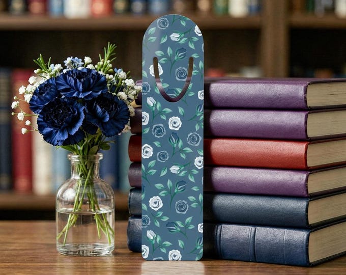Blue Rose Pattern Bookmark | Floral Metal Bookmark