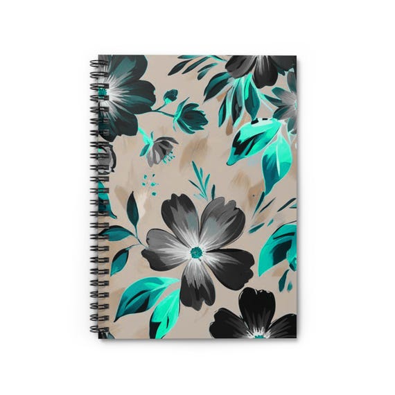 Floral Spiral Notebook: Elegant Black & Teal Diary, Ruled Pages