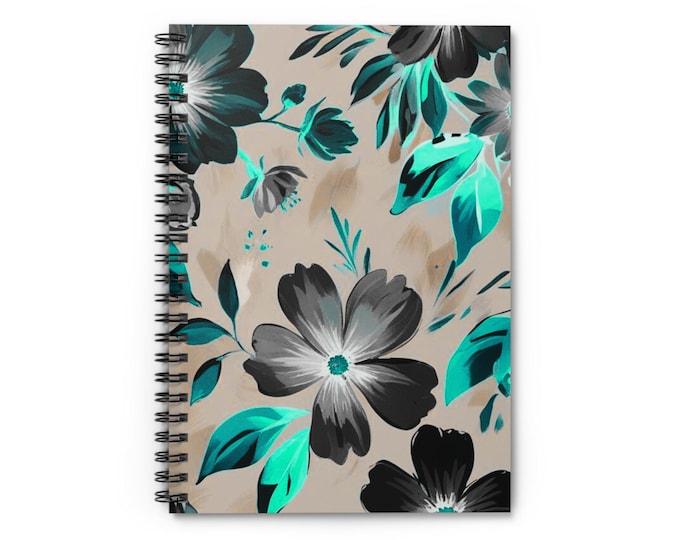 Floral Spiral Notebook: Elegant Black & Teal Diary, Ruled Pages