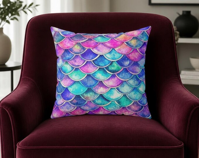 Mermaid Scale Pattern Spun Polyester Pillow | Purple Teal Pink Ocean Decor