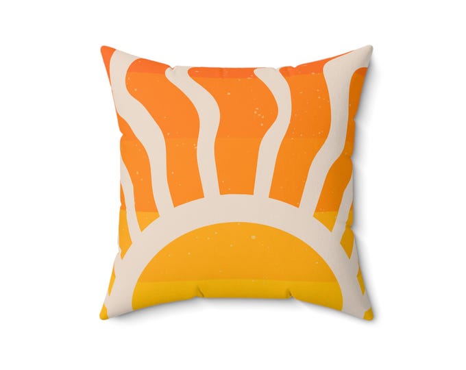 Retro Sunrise Pillow | Square Throw Pillow, Orange Yellow Sunburst Home Décor