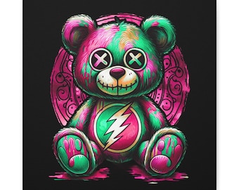 Pink Punk Teddy Bear Canvas Art: Quirky Colorful Plushie Portrait