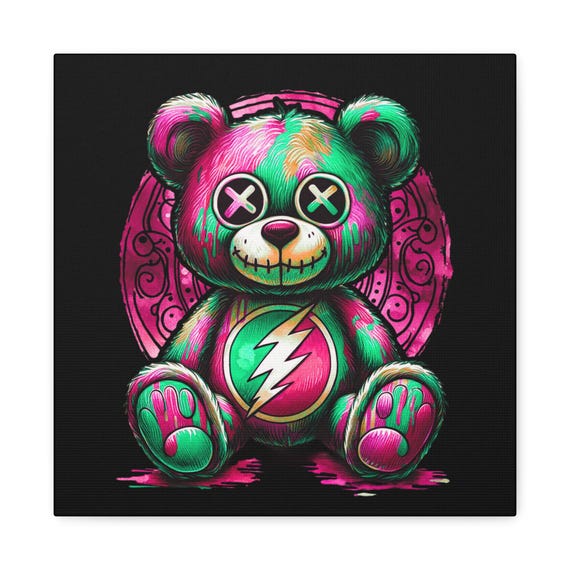 Pink Punk Teddy Bear Canvas Art: Quirky Colorful Plushie Portrait