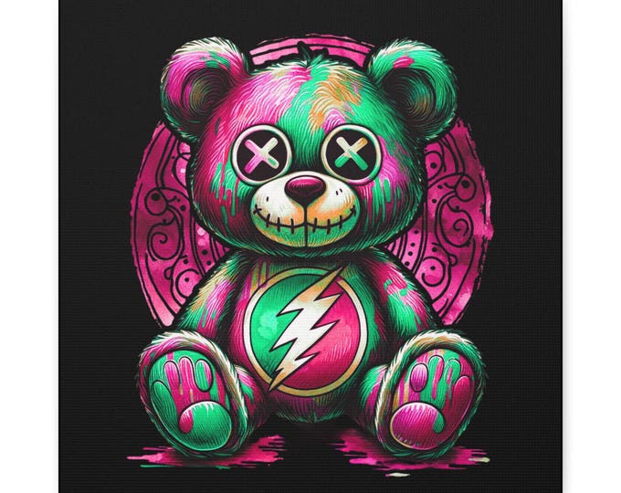 Pink Punk Teddy Bear Canvas Art: Quirky Colorful Plushie Portrait