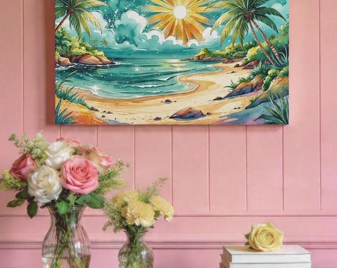 Tropical Beach Canvas Wall Art: Coastal Living Room Decor (30x15)